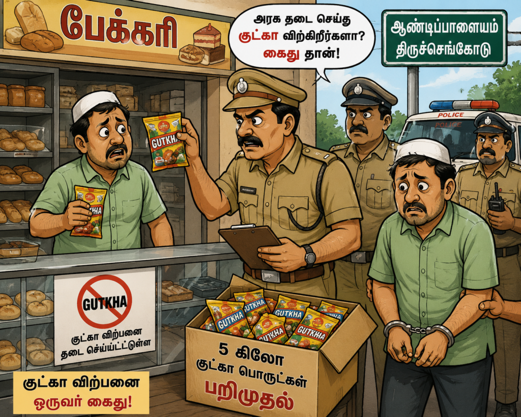 திருச்செங்கோடு அருகே பேக்கரி கடையில் குட்கா விற்பனை: 5 கிலோ பறிமுதல்; ஒருவர் கைது.