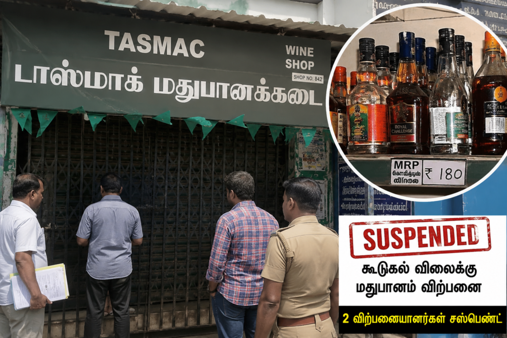 நாமக்கல் மாவட்டத்தில் டாஸ்மாக் கடைகளில் கூடுதல் விலைக்கு மதுபானம் விற்பனை: 2 பேர் சஸ்பெண்ட்.