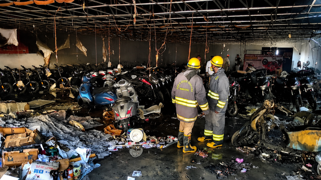 திருச்செங்கோட்டில் இருசக்கர வாகன குடோனில் தீ விபத்து -5 பேட்டரி ஸ்கூட்டர்கள், 2 மோட்டார் சைக்கிள்கள் எரிந்து சேதம்.