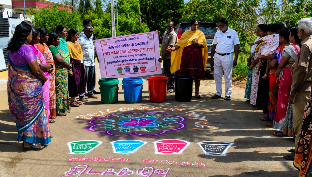 திருச்செங்கோடு நகராட்சியில் 4 வகையாக கழிவுகளை தரம் பிரித்து வழங்க விழிப்புணர்வு.